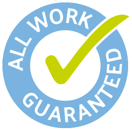 Green checkmark graphic with text reading "All Work Guaranteed"