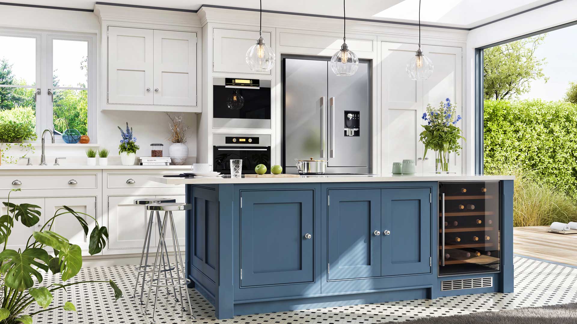 Kitchen with blue cabinets and large window, letting in lots of natural light